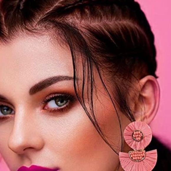 New Statement Earrings Beaded Raffia Palm Bohemian Drop Dangle - Picture 2 of 4